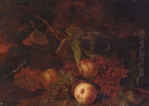 Grapes, Peaches With Leaves On A Bank by Tommaso Salini