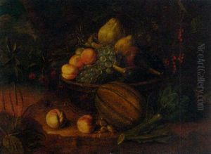 A Basket With Peaches, Grapes, Pears And Figs On A Stone Ledge With Peaches, A Melon And Artichoke In A Landscape by Tommaso Salini