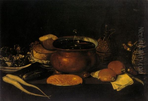 Still Life With Glasses In A Copper Pot, Wine Flasks, Bread And Vegetables - view 1