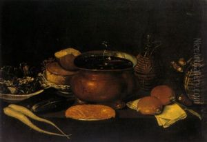 Still Life With Glasses In A Copper Pot, Wine Flasks, Bread And Vegetables