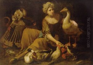 A Girl Feeding Cockerels, With A Cat On A Basket, A Goose, Duck And Other Birds