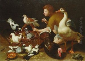 A Goose, A Hen, Pigeons And Doves In A Basket, With A Peasant Boy by Tommaso Salini