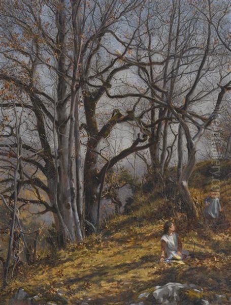 Sonniger Herbstwald Mit Spielenden Kindern - view 1