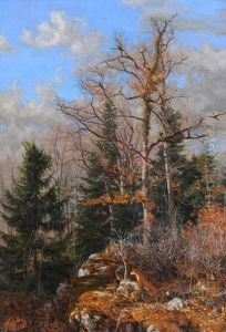 Zwei Fuchse In Herbstlichem Waldstuck by Pierre De Salis-Soglio