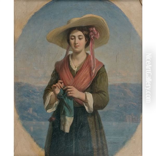 Jeune Femme Tricotant Devant Un Lac Dans Un Ovale Peint - view 1