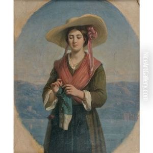 Jeune Femme Tricotant Devant Un Lac Dans Un Ovale Peint by Jules Salles-Wagner
