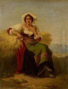Junge Italienische Schnitterin Mit Korngarbe Und Sichel. Vor Weiter Landschaft Mit Hugelzug Im Hintergrund