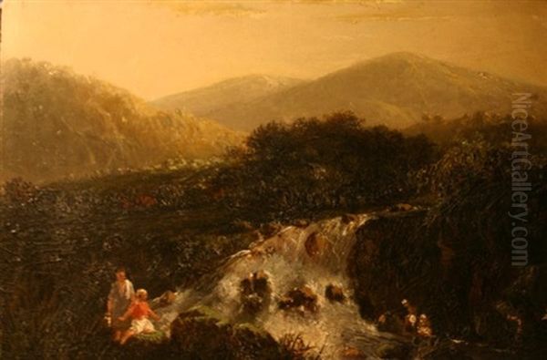 Waterfall With Two Figures On Both Sides And Mountains. A Bathing Resort On East Java In The Background - view 1