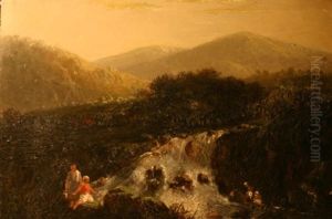Waterfall With Two Figures On Both Sides And Mountains. A Bathing Resort On East Java In The Background by Abram Salm