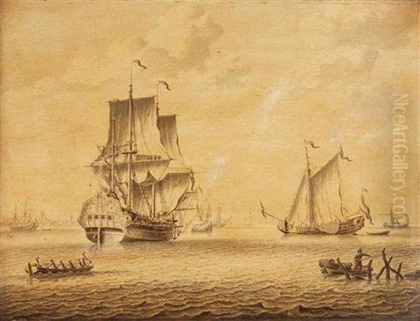 A Three-master, A Statenjacht And Other Ships On A Calm, A Dutch Town In The Distance - view 1