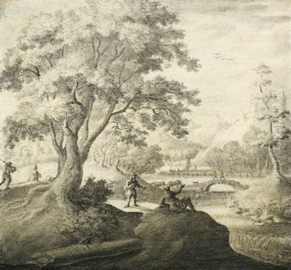 River Landscape With Figures Resting Along A Path - view 1