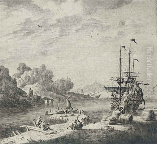 A Dutch Man'o-war At Anchor In The Mediterranean, Lying Off A Jetty, With Figures On The Foreshore - view 1