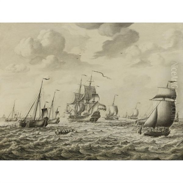 A Dutch Man-of-war Firing A Salute, With A Flotilla Of Fishing Boats And Other Shipping Beyond, A Penschilderij - view 1