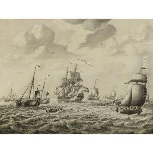 A Dutch Man-of-war Firing A Salute, With A Flotilla Of Fishing Boats And Other Shipping Beyond, A Penschilderij