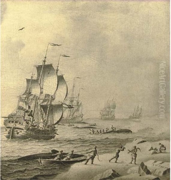 Whaling Ships In Rough Waters With Whale Hunters Bringing In Their Catch - view 1