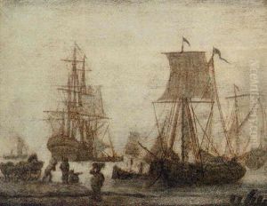 Shipping In A Harbour With Figures In A Shore by Adriaen Van Salm