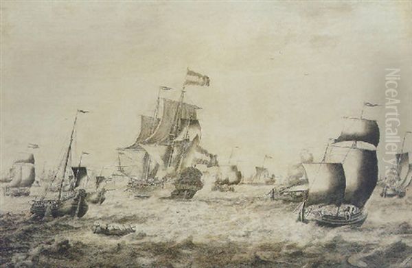 Vaisseau De Guerre Des Provinces-unies Et Autres Bateaux Sur Une Mer Agitee - view 1