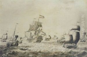 Vaisseau De Guerre Des Provinces-unies Et Autres Bateaux Sur Une Mer Agitee by Adriaen Van Salm