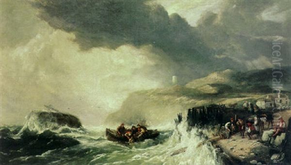 A Coastal View With A Shipwreck Offshore And A Rescue Boat And Figures On The Beach In The Foreground - view 1