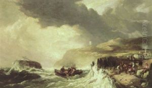 A Coastal View With A Shipwreck Offshore And A Rescue Boat And Figures On The Shore In The Foreground