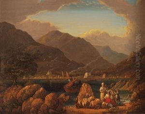 A Scottish Loch With Fisherman And His Family In The Foreground A Scottish Loch With Fisherman And His Family In The Foreground
