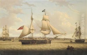 A 16-gun Brig, Probably A Privateer, In Two Positions On The Mersey, Heaving-to And Picking Up The Pilot, An Armed Merchantman Astern Of Her And The Liverpool Waterfront Beyond by Robert Salmon