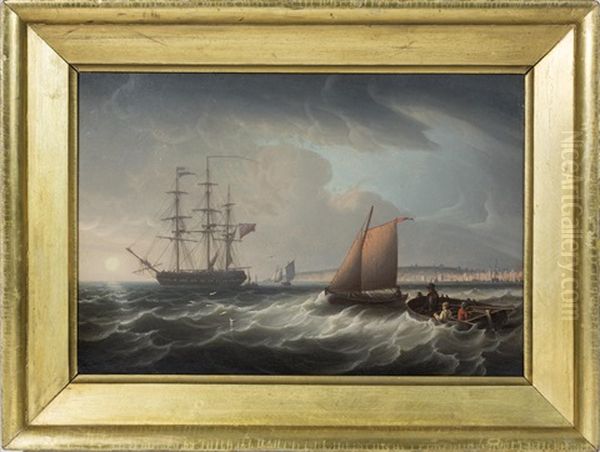 Ship At Anchor Off A Coast At Day's End - view 1
