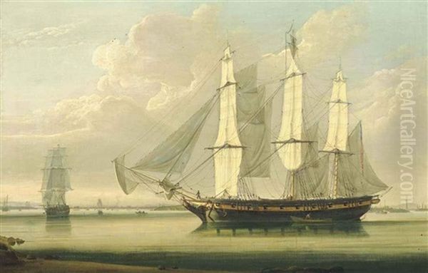An Armed Packet Drifting Along The Thames Off Woolwich With Galleons Reach Astern Of Her And The East India Dock And Its Masting House Observed Off Her Starboard Bow - view 1