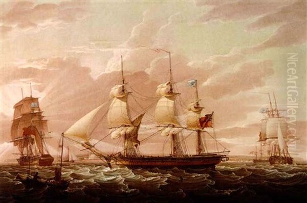 The Alfred In Three Positions In The Channel Off Wolmer Castle With A Pilot Cutter Approaching - view 1