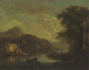 An Afternoon On The Lake With A Cottage And Ruins In The Distance by Robert Salmon