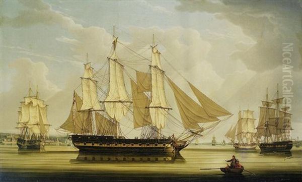 A Fifth Rate Ship Of The Line And A Brig Drying Sails In A Flat Calm On The River Mersey, 1808 - view 1