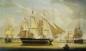 A Fifth Rate Ship Of The Line And A Brig Drying Sails In A Flat Calm On The River Mersey, 1808 by Robert Salmon