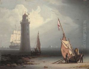 Mending Sails On The Shore At The Perch Lighthouse, New Brighton, At The Entrance To The River Mersey