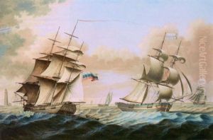 Seascape With The Brig "cossack" And A Russian Vessel Near A Lighthouse by Robert Salmon