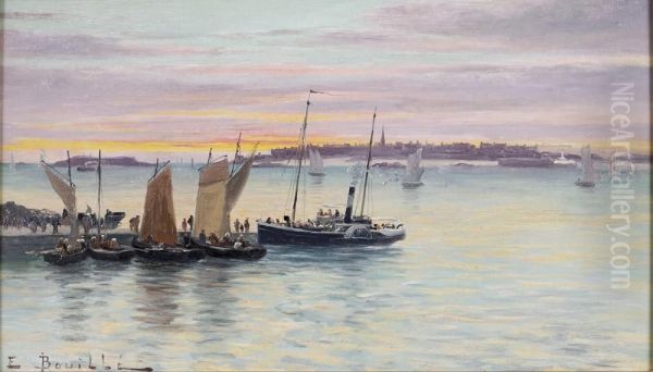 Etienne Bateau Mixte Devant St Malo Huile Sur Panneau Signee En Bas A Gauche - view 1