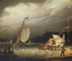 Fishermen On The Scottish Coast With Approaching Storm by Robert Salmon