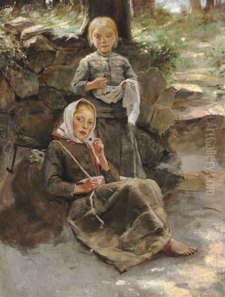 Two Little Girls Eating Cherries In A Cleaning In The Woods - view 1