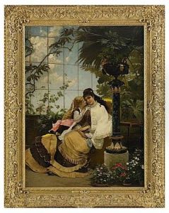 Mor Och Dotter I Vintertradgard by Hugo Salmson