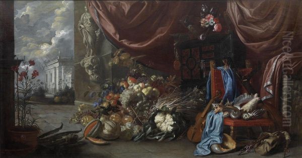 Amagnificent Still Life With Shells, Fruit, Vegetables And A Flute Against An Architectural Backdrop - view 1
