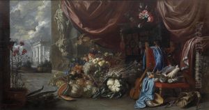 Amagnificent Still Life With Shells, Fruit, Vegetables And A Flute Against An Architectural Backdrop by Michel Bouillon