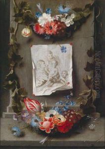 Ein Trompe-l""""oeil-stillleben Einer Zeichnung Der Heiligen Familie In Einerblumengeschmuckten Steinnische by Michel Bouillon