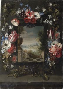 A Garland Of Roses, Tulips And Other Flowers Above A Ledge, Over Amirror Reflecting A Terrace With An Extensive Park Landscapebeyond by Michel Bouillon