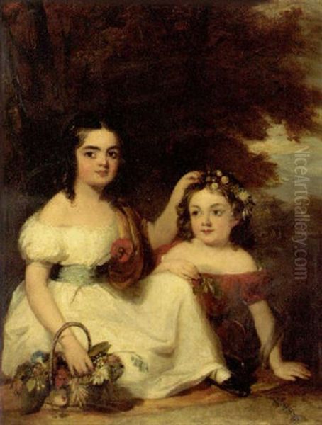 Portrait Of Eleanor And Mary Ann Rickards, Eleanor In A White Dress With Flowers In A Basket By Her Side And Mary Ann In A Red Dress With Flowers In Her Hair - view 1
