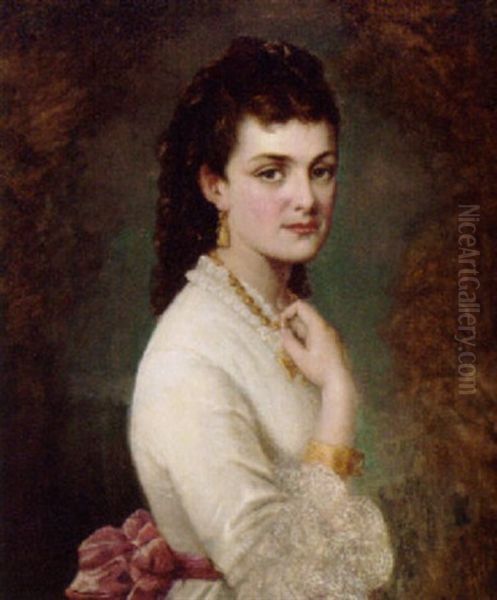 Portrait Of A Lady In A White Dress With A Red Ribbon - view 1