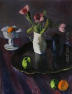 Still Life With Flowers, Fruits And Vases by Edvard Anders Christian Saltoft