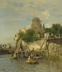 An Der Bootsanlegestelle Einer Hollandischer Stadt by Carl Saltzmann