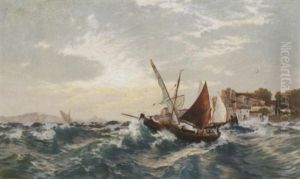 Abend Am Gardasee. Heimkehrende Fischerboote Vor Dem Ufer by Carl Saltzmann