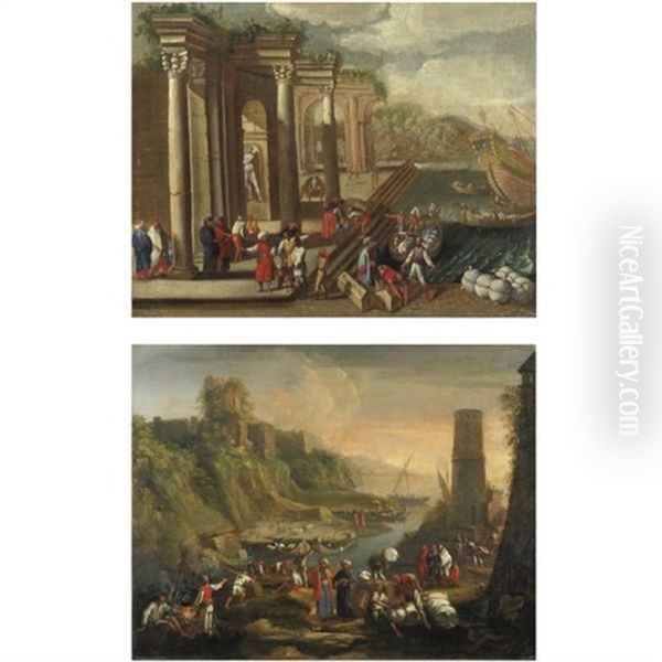 Veduta Di Un Porto Con Capriccio Architettonico (pair) - view 1