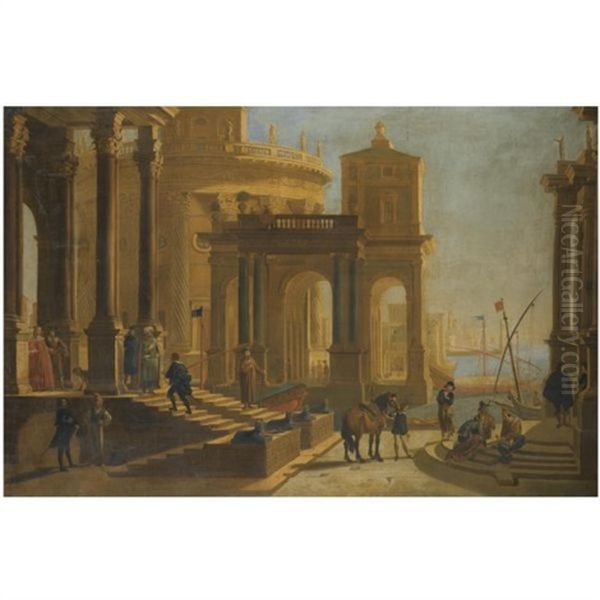 A Capriccio View Of A Palace Beside A Harbour With Figures In The Foreground - view 1