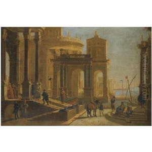 A Capriccio View Of A Palace Beside A Harbour With Figures In The Foreground